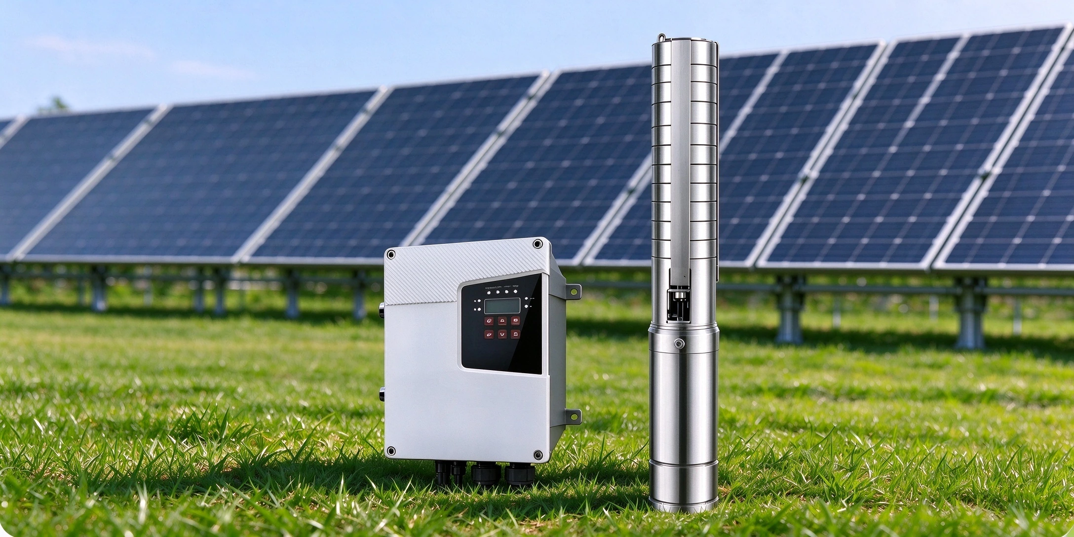 solar panel powering a solar submersible water pump